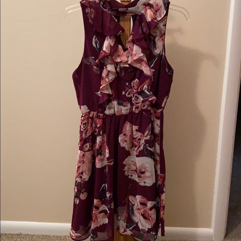 Maroon dress with pink flowers. Keyhole neck